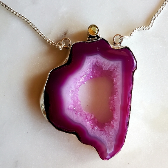New Pink Agate Druzy & Citrine Silver Necklace. - Picture 9 of 16